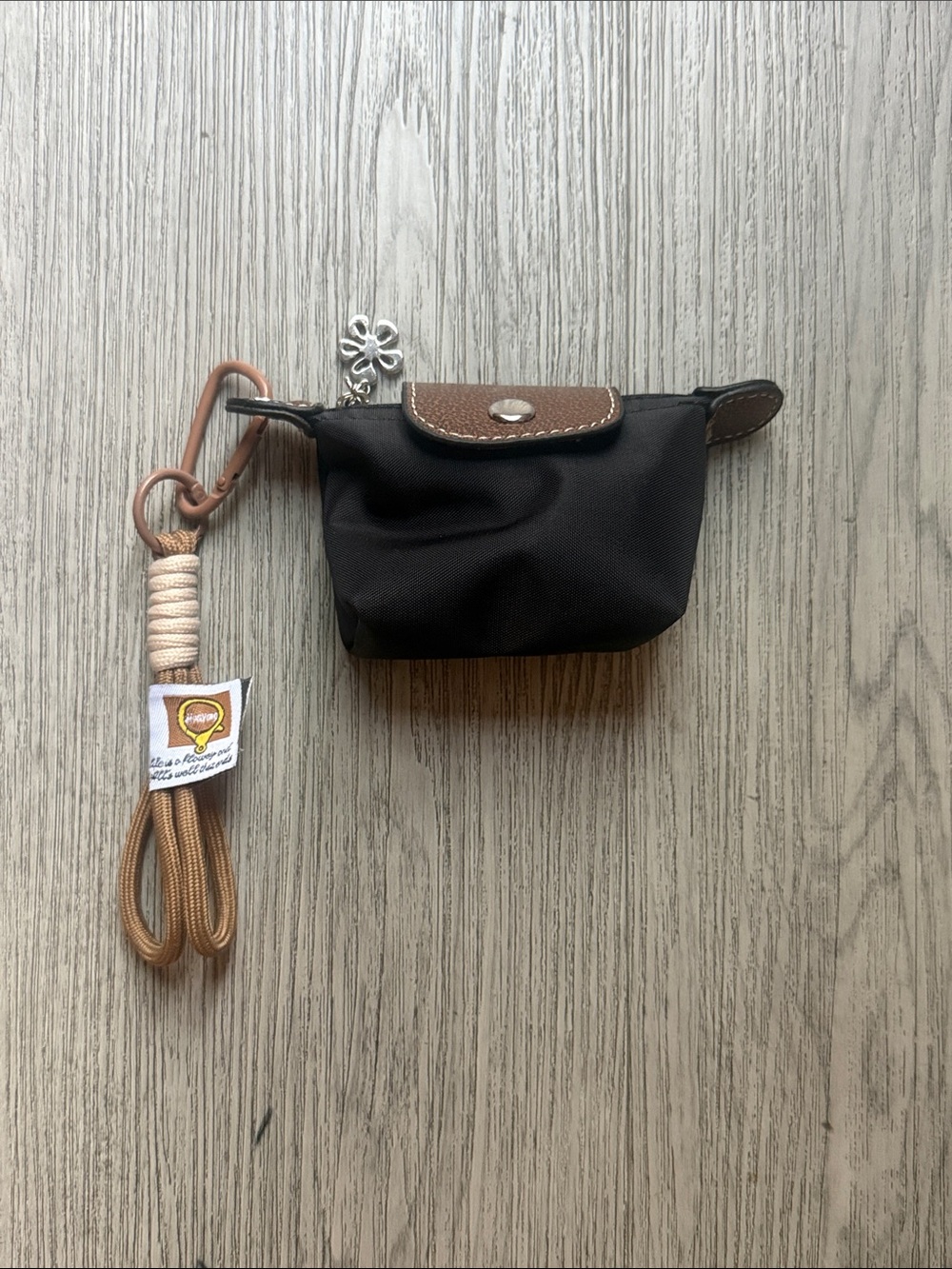 NWOT Small Black Nylon Coin Pouch with Brown Leather Flap